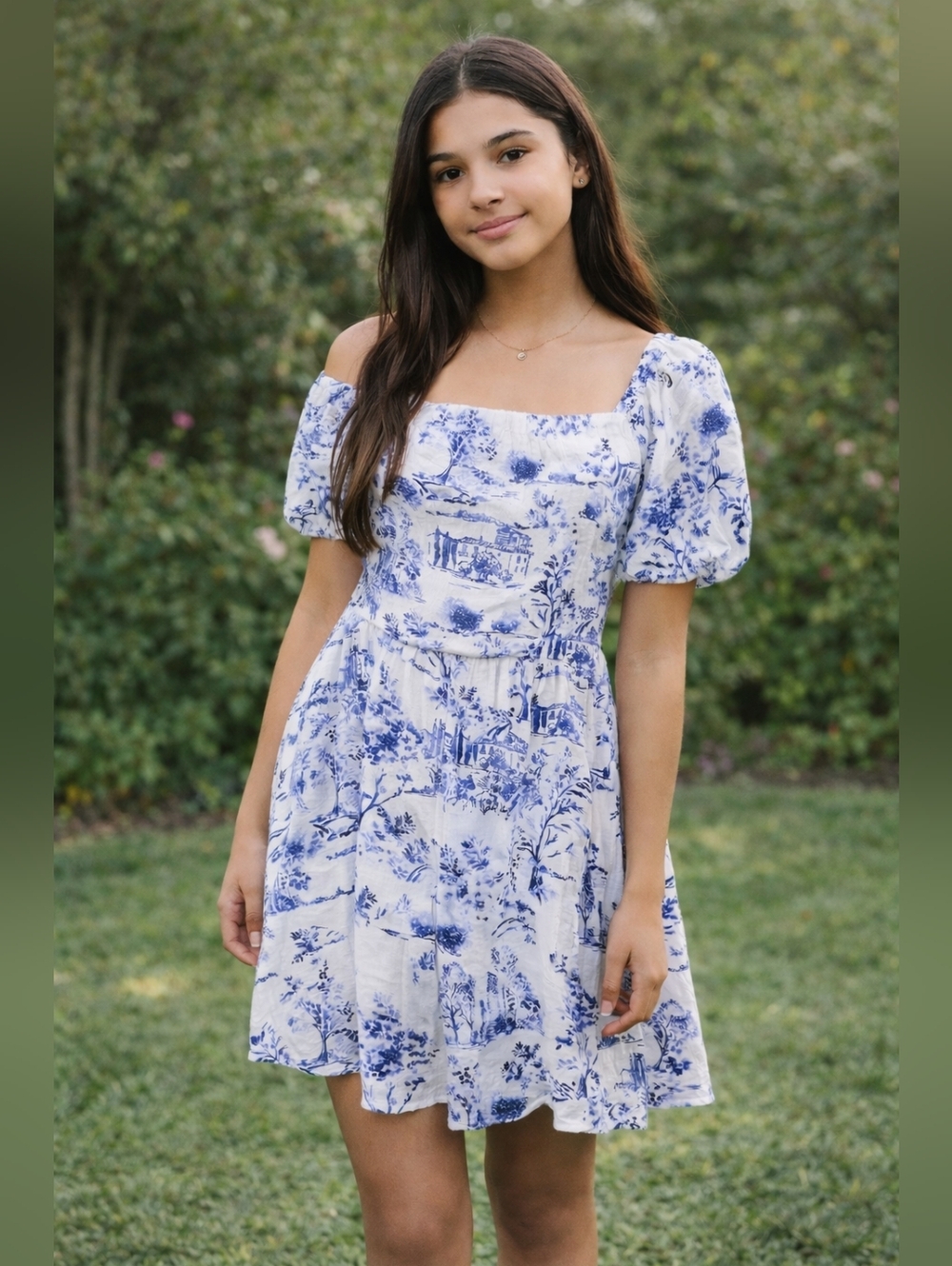 As You Wish Juniors Medium Cottagecore Blue Toile Print Dress Puff Sleeve